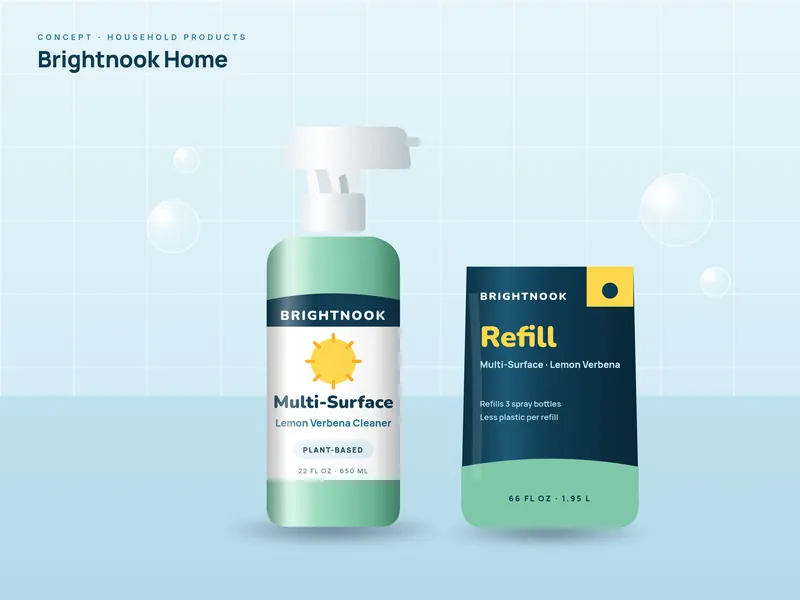 Concept packaging design for Brightnook Home, a fictional household products brand