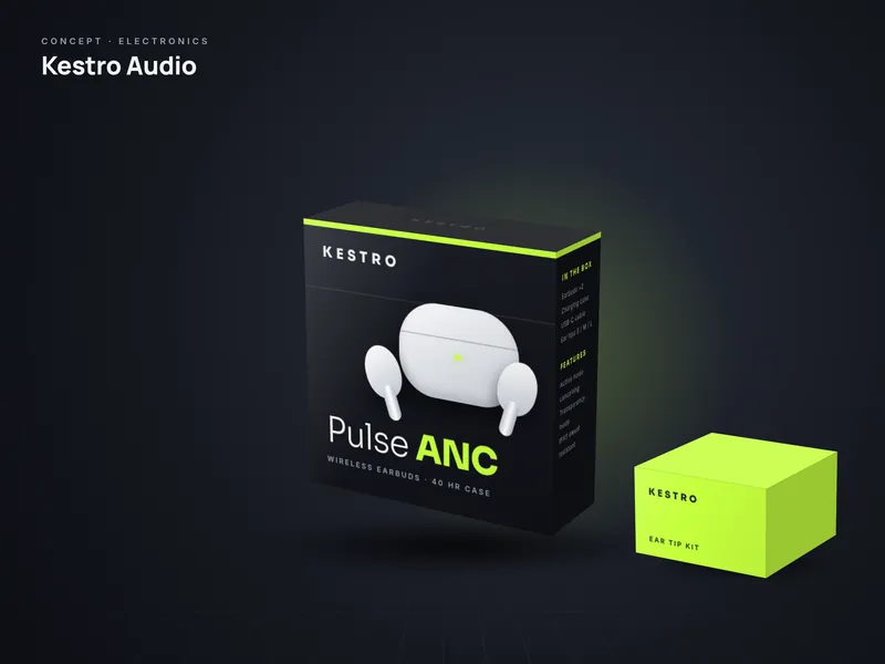 Concept packaging design for Kestro Audio, a fictional electronics brand