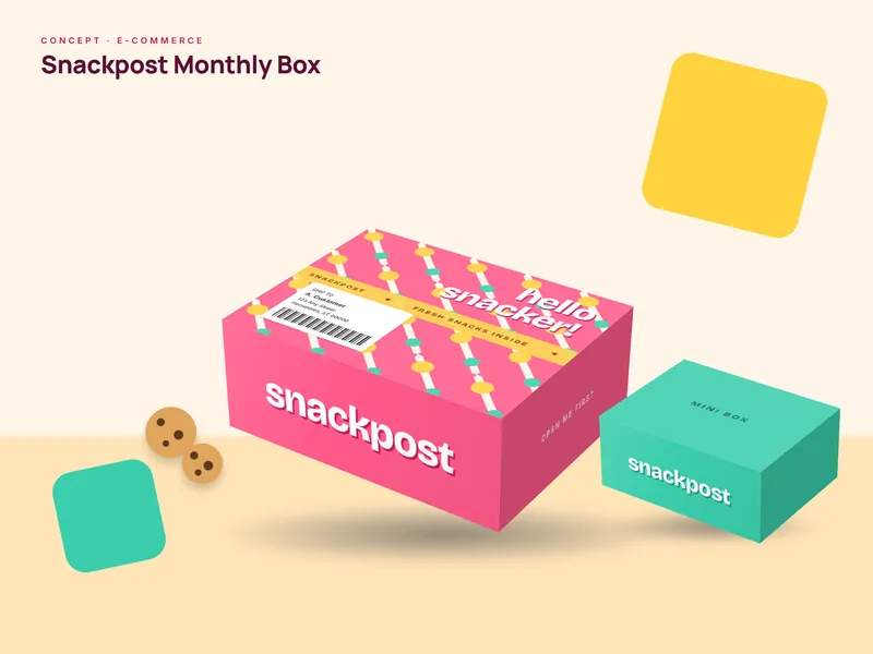 Concept packaging design for Snackpost, a fictional e-commerce brand