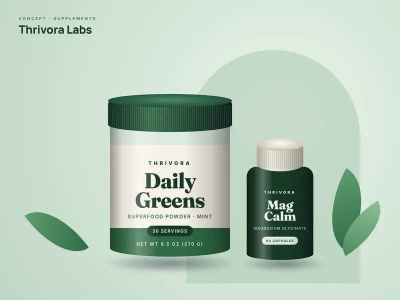 Concept packaging design for Thrivora Labs, a fictional supplements brand